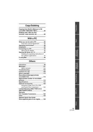 Page 1111VQT3J95
Preparation
Basic
Advanced 
(Recording)
Copy/Dubbing
With a PC
Others
Advanced 
(Playback)
Copy/Dubbing
Copying from Built-in Memory to SD 
card [HDC-TM40/HDC-TM41].................. 80
Dubbing with a Blu-ray disc 
recorder, video devices, etc. .................. 82
With a PC
What you can do with a PC .................... 86
End User License Agreement ...........  88
Operating environment .......................... 89
Installation ............................................... 92
Connecting to...