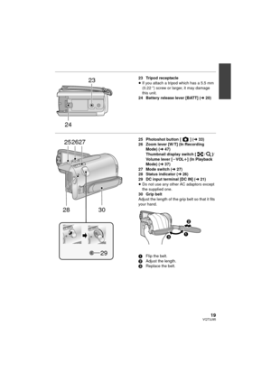 Page 1919VQT3J95
23 Tripod receptacle
≥If you attach a tripod which has a 5.5 mm 
(0.22 q) screw or larger, it may damage 
this unit.
24 Battery release lever [BATT] ( l20)
25 Photoshot button [ ] ( l33)
26 Zoom lever [W/T] (In Recording  Mode) ( l47)
Thumbnail display switch [ / ]/
Volume lever [ sVOL r] (In Playback 
Mode) ( l37)
27 Mode switch ( l27)
28 Status indicator ( l26)
29 DC input terminal [DC IN] ( l21)
≥ Do not use any other AC adaptors except 
the supplied one.
30 Grip belt
Adjust the length of...