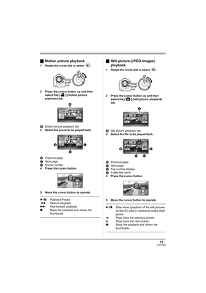 Page 1313VQT1H62
ªMotion picture playback
1 Rotate the mode dial to select  .
2 Press the cursor button up and then 
select the [ ] (motion picture 
playback) tab.
AMotion picture playback tab
3 Select the scene to be played back.
BPrevious page
CNext page
DScene number
4 Press the cursor button.
5 Move the cursor button to operate.
1/;: Playback/Pause
6: Rewind playback
5: Fast forward playback
∫: Stops the playback and shows the 
thumbnails.
ªStill picture (JPEG images) 
playback
1 Rotate the mode dial to...