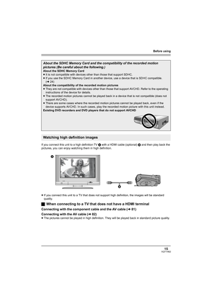 Page 15Before using
15VQT1H62
If you connect this unit to a high definition TV A with a HDMI cable (optional) B and then play back the 
pictures, you can enjoy watching them in high definition.
≥If you connect this unit to a TV that does not support high definition, the images will be standard 
quality.
ªWhen connecting to a TV that does not have a HDMI terminal
Connecting with the component cable and the AV cable (l81)
Connecting with the AV cable (l82)
≥The pictures cannot be played in high definition. They...