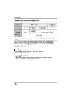 Page 24Before using
24VQT1H62
Cards that you can use with this unit
* The recording may suddenly stop during motion picture recording depending on the SD card you use. 
(l44)
ªHandling precautions
≥Do not expose the terminals of the card to water, debris, dirt or dust.
≥Do not place in the following areas:
jIn direct sunlight.
jIn very dusty or humid areas.
jNear a heater.
jLocations susceptible to significant difference in temperature (condensation can occur).
jWhere static electricity or electromagnetic waves...