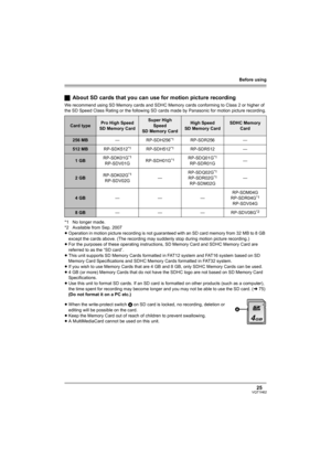 Page 25Before using
25VQT1H62
ªAbout SD cards that you can use for motion picture recording
We recommend using SD Memory cards and SDHC Memory cards conforming to Class 2 or higher of 
the SD Speed Class Rating or the following SD cards made by Panasonic for motion picture recording.
*1 No longer made.
*2 Available from Sep. 2007
≥Operation in motion picture recording is not guaranteed with an SD card memory from 32 MB to 8 GB 
except the cards above. (The recording may suddenly stop during motion picture...