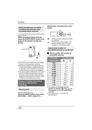Page 4848VQT1H62
Recording
You can record still pictures even while recording 
motion pictures.
While recording motion pictures, 
press the PHOTO SHOT button fully 
(press to the bottom) to take the 
picture.
≥The PHOTO SHOT button cannot be pressed 
halfway in the simultaneous recording.
≥The screen indications that appear when the 
PHOTO SHOT button is pressed halfway will 
be displayed. (l47) However, the remaining 
number of still pictures will not be displayed.
≥The picture quality is different from normal...
