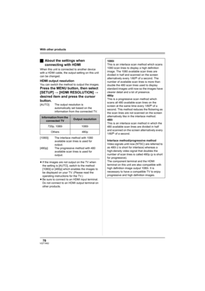 Page 7878VQT1H62
With other products
ªAbout the settings when 
connecting with HDMI
When this unit is connected to another device 
with a HDMI cable, the output setting on this unit 
can be changed.
HDMI output resolution
You can switch the method to output the images.
Press the MENU button, then select 
[SETUP] # [HDMI RESOLUTION] # 
desired item and press the cursor 
button.
[AUTO]: The output resolution is 
automatically set based on the 
information from the connected TV.
[1080i]: The interlace method with...