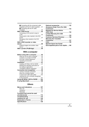 Page 99VQT1H62
2 Connecting with the component cable 
(supplied) and the AV cable (supplied) .... 81
3 Connecting with the AV cable 
(supplied) ................................................. 82
With a DVD burner  .............................. 83
Connecting a DVD burner to copy to 
a disc  .......................................................83
Playing back a disc inserted in the DVD 
burner ...................................................... 87
Managing a disc inserted in the DVD 
burner...