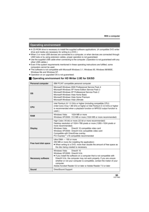 Page 95With a computer
95VQT1H62
≥A CD-ROM drive is necessary to install the supplied software applications. (A compatible DVD writer 
drive and media are necessary for writing to a DVD.)
≥When 2 or more USB devices are connected to a computer, or when devices are connected through 
USB hubs or by using extension cables, proper operation is not guaranteed.
≥Use the supplied USB cable when connecting to the computer. (Operation is not guaranteed with any 
other USB cables.)
≥Even if the system requirements...