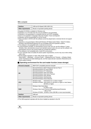 Page 96With a computer
96VQT1H62
≥Supplied CD-ROM is available for Windows only.
≥Operation on an OS other than the one pre-installed is not guaranteed.
≥Operation is not guaranteed on computers that are not PC/AT compatible.
≥Input is not supported in languages other than English, French and Spanish.
≥Operation cannot be guaranteed on all DVD drives.
≥Discs recorded in AVCHD with this software cannot be played back on devices that do not support 
AVCHD.
≥Operation is not guaranteed on Microsoft Windows XP...