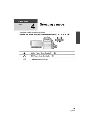 Page 2525VQT2U72
Preparation
Setup
4
Selecting a mode
Change the mode to recording or playback.
Operate the mode switch to change the mode to  ,   or  .
Motion Picture Recording Mode (l29)
Still Picture Recording Mode ( l31)
Playback Mode ( l35, 80)
HDC-SD600-P-VQT2U72_mst.book  25 ページ  ２０１０年４月１４日　水曜日　午後３時２８分 