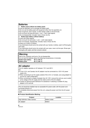 Page 44VQT2U72
∫Product Identification Marking
Batteries
1 Battery pack (Lithium ion battery pack)
≥Use the specified unit to recharge the battery pack.
≥ Do not use the battery pack with equipment other than the specified unit.
≥ Do not get dirt, sand, liquids, or  other foreign matter on the terminals.
≥ Do not touch the plug terminals ( i and  j) with metal objects.
≥ Do not disassemble, remodel, heat or throw into fire.
2 Button-type battery (Lithium battery)
≥ Insert with poles aligned.
≥ Do not touch the...