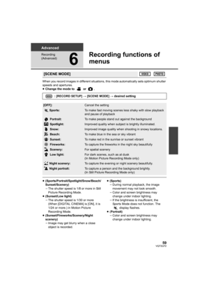 Page 5959VQT2U72
Advanced
Recording 
(Advanced)
6
Recording functions of 
menus
When you record images in different situations, this mode automatically sets optimum shutter 
speeds and apertures.
≥Change the mode to   or  .
≥(Sports/Portrait/Spotlight/Snow/Beach/
Sunset/Scenery)
jThe shutter speed is 1/8 or more in Still 
Picture Recording Mode.
≥ (Sunset/Low light)
jThe shutter speed is 1/30 or more 
(When [DIGITAL CINEMA] is [ON], it is 
1/24 or more.) in Motion Picture 
Recording Mode.
≥...