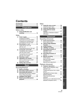 Page 99VQT2U72
Preparation
Basic
Advanced
Copy/Dubbing
With a PC
Others
Accessories ............................................11
Quick Guide ............................................12
Preparation
Before using
[1] Parts identification and 
handling ...................................... 15
Setup
[1]Power supply.............................. 18
Charging the battery .................... 18
Inserting/removing the battery ..... 19
Charging and recording time........ 20
Connecting to the AC outlet ............