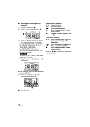 Page 1414VQT2M51
∫Motion picture/Still picture  
playback
1) Change the mode to  .
2) Touch the play mode select icon  A.
3) Touch the desired media to be played  back motion pictures or still pictures.
≥ Touch [VIDEO/SD CARD] or [PICTURE/
SD CARD] to play back the SD card.
/
Touch [VIDEO/Built-inMemory] or 
[PICTURE/Built-inMemory] to play back 
the built-in memory.
Touch [VIDEO/HDD] or [PICTURE/HDD] 
to play back the HDD.
4) Touch the scene or the still picture to be  played back.
≥ Next (previous) page can...
