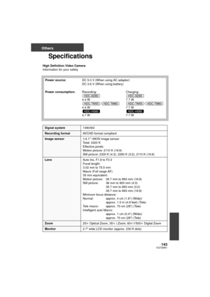 Page 143143VQT2M51
Others
Specifications
High Definition Video Camera
Information for your safetyPower source: DC 5.0 V (When using AC adaptor)
DC 3.6 V (When using battery)
Power consumption: Recording:
4.4 W
/
4.4 W
4.7 W Charging:
7.7 W
/
7.7 W
7.7 W
Signal system 1080/60i
Recording formatAVCHD format compliant
Image sensor1/4.1z 1MOS image sensor
Total: 3320 K
Effective pixels:
Motion picture: 2110 K (16:9)
Still picture: 2320 K (4:3), 2280 K (3:2), 2110 K (16:9)
Lens Auto Iris, F1.8 to F3.3
Focal length:...