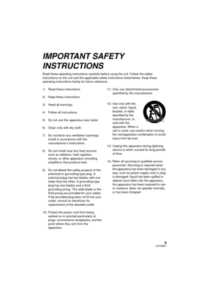 Page 55VQT2M51
IMPORTANT SAFETY 
INSTRUCTIONS
Read these operating instructions carefully before using the unit. Follow the safety 
instructions on the unit and the applicable safety instructions listed below. Keep these 
operating instructions handy for future reference.
1) Read these instructions.
2) Keep these instructions.
3) Heed all warnings.
4) Follow all instructions.
5) Do not use this apparatus near water.
6) Clean only with dry cloth.
7) Do not block any ventilation openings. Install in accordance...