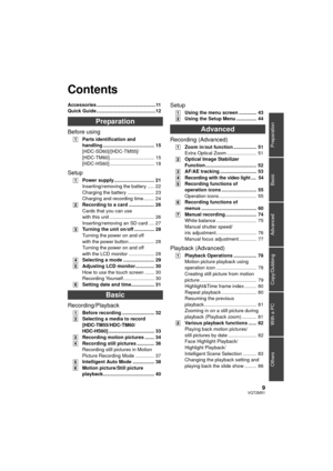 Page 99VQT2M51
Preparation
Basic
Advanced
Copy/Dubbing
With a PC
Others
Accessories ............................................11
Quick Guide ............................................12
Preparation
Before using
[1] Parts identification and 
handling ...................................... 15
[HDC-SD60]/[HDC-TM55]/
[HDC-TM60] ................................. 15
[HDC-HS60] ................................. 18
Setup
[1]Power supply.............................. 21
Inserting/removing the battery ..... 22...