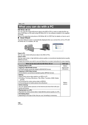 Page 118118VQT3K35
HD Writer AE 3.0You can copy the motion/still picture data to the HDD of PCs or write to media like Blu-ray 
discs, DVD discs or SD cards using HD Writer AE 3.0, the software installed in the supplied 
CD-ROM.
Refer to the operating instructions of HD Writer AE 3.0 (PDF file) for details on how to use it.
∫Smart Wizard
The Smart Wizard screen is automatically displayed when you connect this unit to a PC with 
HD Writer AE 3.0 installed. ( l126)
Copy to PC:
You can copy motion/still picture...