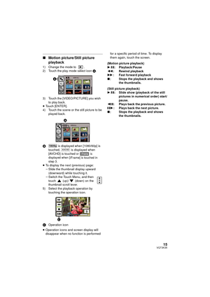 Page 1515VQT3K35
∫Motion picture/Still picture 
playback
1) Change the mode to  .
2) Touch the play mode select icon  A.
3) Touch the [VIDEO/PICTURE] you wish  to play back.
≥ Touch [ENTER].
4) Touch the scene or the still picture to be  played back.
B  is displayed when [1080/60p] is 
touched,   is displayed when 
[AVCHD] is touched 
or  is 
displayed when [iFrame] is touched in 
step 3.
≥ To display the next (previous) page:
jSlide the thumbnail display upward 
(downward) while touching it.
j Switch the Touch...