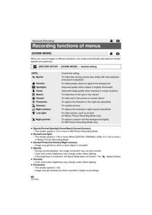 Page 6060VQT3K35
When you record images in different situations, this mode automatically sets optimum shutter 
speeds and apertures.
≥(Sports/Portrait/Spotlight/Snow/Beach/Sunset/Scenery)
jThe shutter speed is 1/8 or more in Still Picture Recording Mode.
≥ (Sunset/Low light)
jThe shutter speed is 1/30 or more (When [DIGIT AL CINEMA] is [ON], it is 1/24 or more.) 
in Motion Picture Recording Mode.
≥ (Sunset/Fireworks/Scenery/Night scenery)
jImage may get blurry when a close object is recorded.
≥ (Sports)
jDuring...
