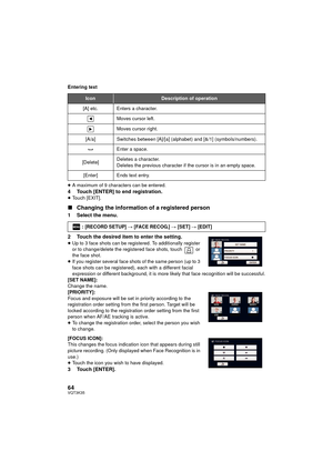 Page 6464VQT3K35
Entering text
≥A maximum of 9 characters can be entered.
4 Touch [ENTER] to end registration.≥Touch [EXIT].
∫ Changing the information of a registered person
1 Select the menu.
2 Touch the desired item to enter the setting.
≥Up to 3 face shots can be registered. To additionally register 
or to change/delete the registered face shots, touch   or 
the face shot.
≥ If you register several face shots of the same person (up to 3 
face shots can be registered), each with a different facial...