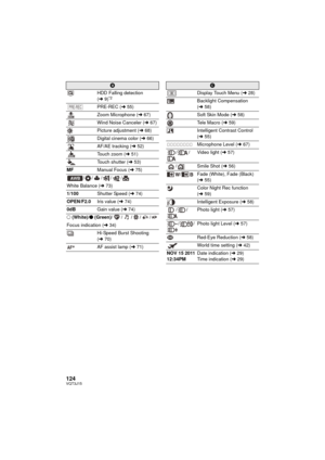 Page 124124VQT3J15
B
HDD Falling detection 
( l 9)
*2
PRE-REC ( l55)
Zoom Microphone ( l67)
Wind Noise Canceler ( l67)
Picture adjustment ( l68)
Digital cinema color ( l66)
AF/AE tracking ( l52)
Touch zoom ( l51)
Touch shutter ( l53)
MF Manual Focus ( l75)
// / / /
White Balance ( l73)
1/100 Shutter Speed ( l74)
OPEN/F2.0 Iris value (l74)
0dB Gain value (l74)
±  (White)/ ¥ (Green)/ / / / /
Focus indication ( l34)
Hi-Speed Burst Shooting 
( l 70)
AF assist lamp ( l71)PRE-REC
AW B
C
Display Touch Menu ( l28)...