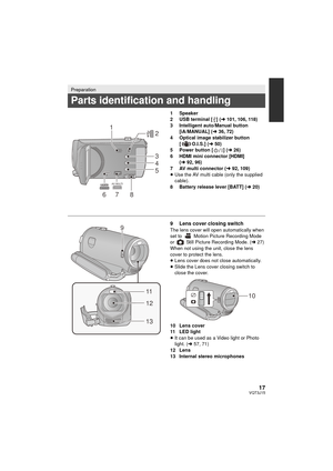 Page 1717VQT3J15
1 Speaker
2 USB terminal [ ] (l101, 106, 118)
3 Intelligent auto/Manual button  [iA/MANUAL] ( l36, 72)
4 Optical image stabilizer button  [ O.I.S.] ( l50)
5 Power button [ ] ( l26)
6 HDMI mini connector [HDMI]  (l 92, 96)
7 AV multi connector ( l92, 109)
≥ Use the AV multi cable (only the supplied 
cable).
8 Battery release lever [BATT] (l 20)
9 Lens cover closing switchThe lens cover will open automatically when 
set to   Motion Picture Recording Mode 
or   Still Picture Recording Mode. (l27)...