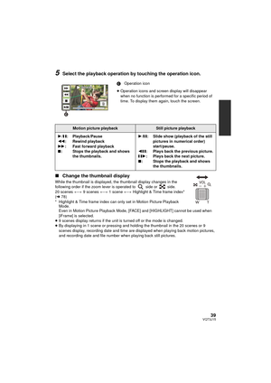 Page 3939VQT3J15
5Select the playback operation by touching the operation icon.
∫ Change the thumbnail display
While the thumbnail is displayed, the thumbnail display changes in the 
following order if the zoom lever is operated to   side or   side.
20 scenes  () 9 scenes  () 1 scene  () Highlight & Time frame index* 
( l 78)
* Highlight & Time frame index can only set in Motion Picture Playback  Mode.
Even in Motion Picture Playback Mode, [F ACE] and [HIGHLIGHT] cannot be used when 
[iFrame] is selected.
≥ 9...