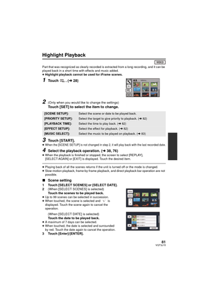 Page 8181VQT3J15
Highlight Playback
Part that was recognized as clearly recorded is extracted from a long recording, and it can be 
played back in a short time with effects and music added.
≥Highlight playback cannot be used for iFrame scenes.
1Touch . ( l28)
2(Only when you would like to change the settings)
Touch [SET] to select the item to change.
3Touch [START].
≥When the [SCENE SETUP] is not changed in step 2, it will play back with the last recorded date.
4Select the playback operation. ( l38, 76)≥When...