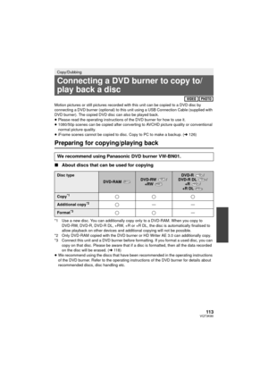 Page 11311 3VQT3K80
Cop y/D ubbing
Motion pictures or still pictures recorded with this unit can be copied to a DVD disc by 
connecting a DVD burner (optional) to this unit using a USB Connection Cable (supplied with 
DVD burner). The copied DVD disc can also be played back.
≥Please read the operating instructions of the DVD burner for how to use it.
≥ 1080/50p scenes can be copied after converting to AVCHD picture quality or conventional 
normal picture quality.
≥ iFrame scenes cannot be copied to disc. Copy to...