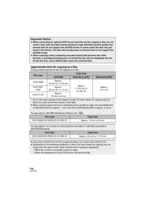 Page 116116VQT3K80
Important Notice≥When connecting an optional DVD burner and this unit for copying a disc, do not 
insert a disc with recorded motion pictures in high definition picture quality into 
devices that do not support the AVCHD format. In some cases the disc may get 
stuck in the device. The disc will not play back on devices that do not support the 
AVCHD format.
≥ When inserting a disc containing recorded motion/still pictures into other 
devices, a message prompting you to format the disc may be...