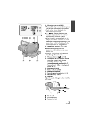 Page 1313VQT3K80
29 Microphone terminal [MIC]
≥A compatible plug-in powered microphone 
can be used as an external microphone.
≥ Audio will be stereo (2 ch) with the 
external microphone input.
≥  (Microphone input level 
meter) is displayed when the external 
microphone is connected. ( l73)
≥ When the unit is connected with the AC 
adaptor, sometimes noise may be heard 
depending on the microphone type. In this 
case, please switch to the battery for the 
power supply and the noise will stop.
30 Headphone...