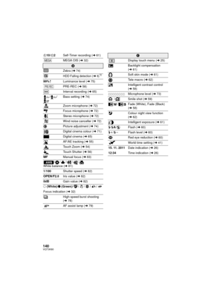 Page 140140VQT3K80
Ø10/Ø2 Self-Timer recording ( l61)
MEGA OIS ( l32)
B
Zebra (l74)
HDD Falling detection (
l6)*2
99% Luminance level ( l75)
PRE-REC ( l58)
Interval recording ( l65)
//Bass setting ( l74)
Zoom microphone ( l72)
Focus microphone ( l72)
Stereo microphone ( l72)
Wind noise canceller ( l72)
Picture adjustment ( l74)
Digital cinema colour ( l71)
Digital cinema ( l65)
AF/AE tracking ( l55)
Touch Zoom ( l54)
Touch Shutter ( l56)
MF Manual focus ( l83)
// / / /
White balance ( l81)
1/100 Shutter speed (...