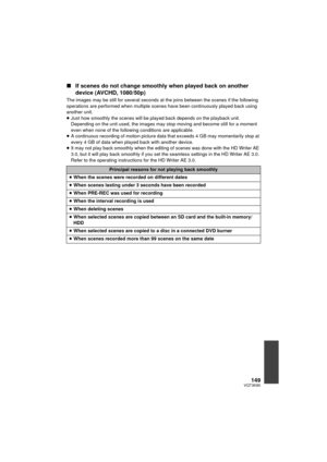 Page 149149VQT3K80
∫If scenes do not change smoothly when played back on another 
device (AVCHD, 1080/50p)
The images may be still for several seconds at  the joins between the scenes if the following 
operations are performed when multiple scenes have been continuously played back using 
another unit.
≥ Just how smoothly the scenes will be play ed back depends on the playback unit. 
Depending on the unit used, the images may stop moving and become still for a moment 
even when none of the following conditions...