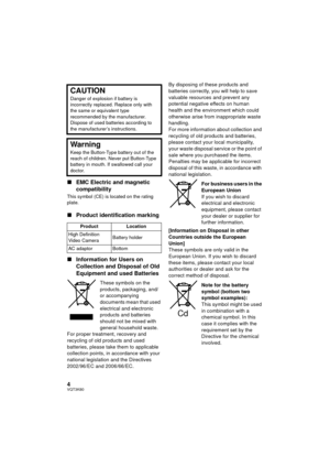 Page 44VQT3K80
∫EMC Electric and magnetic 
compatibility
This symbol (CE) is located on the rating 
plate.
∫Product identification marking
∫ Information for Users on 
Collection and Disposal of Old 
Equipment and used Batteries
These symbols on the 
products, packaging, and/
or accompanying 
documents mean that used 
electrical and electronic 
products and batteries 
should not be mixed with 
general household waste.
For proper treatment, recovery and 
recycling of old products and used 
batteries, please take...