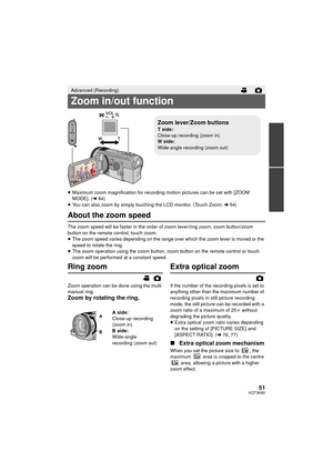 Page 5151VQT3K80
≥Maximum zoom magnification for recording motion pictures can be set with [ZOOM 
MODE]. ( l64)
≥ You can also zoom by simply touching the LCD monitor. (Touch Zoom: l 54)
About the zoom speed
The zoom speed will be faster in the order of zoom lever/ring zoom, zoom button/zoom 
button on the remote control, touch zoom.
≥The zoom speed varies depending on the range over which the zoom lever is moved or the 
speed to rotate the ring.
≥ The zoom operation using the zoom button, zoom button on the...