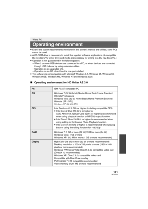 Page 121121VQT3J56
≥Even if the system  requirements mentioned in this owner’s manual are fulfilled, some PCs 
cannot be used.
≥ A CD-ROM drive is necessary to install the su pplied software applications. (A compatible 
Blu-ray disc/DVD writer drive and media are necessary for writing to a Blu-ray disc/DVD.)
≥ Operation is not guaranteed in the following cases.
jWhen 2 or more USB devices are connected to a PC, or when devices are connected 
through USB hubs or by using extension cables.
j Operation on an...