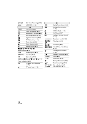 Page 132132VQT3J56
Ø10/Ø2 Self-Timer Recording (l 56)
MEGA OIS ( l32)
B
PRE-REC ( l54)
Zoom Microphone ( l67)
Wind Noise Canceler ( l66)
Picture adjustment ( l68)
Digital cinema color ( l66)
AF/AE tracking ( l51)
Touch Zoom ( l50)
Touch Shutter ( l52)
MF Manual Focus ( l76)
// / / /
White Balance ( l74)
1/100 Shutter Speed ( l75)
OPEN/F2.0 Iris value (l75)
0dB Gain value (l75)
±  (White)/ ¥ (Green)/ / / / /
Focus indication ( l32)
Hi-Speed Burst Shooting 
( l 71)
AF assist lamp ( l72)
MEGA
PRE-REC
AW B
C
Display...