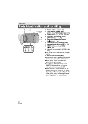 Page 1616VQT3J56
1 Power button [ ] (l24)
2 Shoe adaptor release lever  [SHOE ADAPTOR RELEASE] ( l157)
3 USB terminal [ ] ( l107, 112, 126)
4 Intelligent auto/Manual button  [iA/MANUAL] ( l34, 73)
5 Optical image stabilizer button  [ O.I.S.] ( l48)
6 1080/60p button [1080/60p] ( l49)
7 Battery release lever [BATT] (l 19)
8 HDMI mini connector [HDMI]  (l 96, 100)
9 AV multi connector [AV MULTI] ( l96, 
115)
≥ Use the AV multi cable (only the supplied 
cable).
10 Microphone terminal [MIC]
≥ A compatible plug-in...