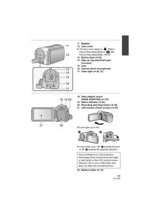 Page 1717VQT3J56
11 Speaker
12 Lens cover
≥The lens cover opens in   Motion 
Picture Recording Mode or   Still 
Picture Recording Mode. ( l25)
13 Built-in flash ( l55)
14 Step up ring attachment part 
(concave)
15 Lens
16 Internal stereo microphones
17 Video light ( l58, 72)
18 Shoe adaptor mount 
[SHOE ADAPTOR] ( l157)
19 Status indicator ( l24)
20 Recording start/stop button (l 30)
21 LCD monitor (Touch screen) ( l25)
≥ It can open up to 90 o.
≥ It can rotate up to 180 o A towards the lens 
or 90 o B  towards...