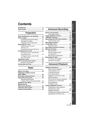 Page 99VQT3J56
Preparation
Basic
Advanced 
(Recording)
Copy/Dubbing
With a PC
Others
Advanced 
(Playback)
Accessories ............................................  11
Quick Guide ............................................  12
Preparation
Parts identification and handling .........  16
Power supply..........................................  19
 Inserting/removing the battery..........  19
 Charging the battery ........................  20
 Charging and recording time ............  21
Recording to a card...