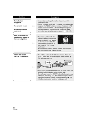 Page 118118VQT1N45
The indication 
disappears.
The screen is frozen.
No operation can be 
performed.≥No operation can be performed on this unit when it is 
connected to a PC.
≥Turn off the power to this unit. If the power cannot be turned 
off, press the RESET button, or remove the battery or AC 
adaptor and then reattach it. Turn on the power again. If 
normal operation is still not restored, detach the power 
connected, and contact consumer support. (l136, 137)
White round spots like 
soap bubbles appear on...