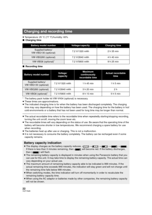 Page 2222VQT1N45
≥Temperature: 25oC (77oF)/humidity: 60%
∫Charging time
∫Recording time
* The battery pack holder kit VW-VH04 (optional) is necessary.
≥These times are approximations.
≥The indicated charging time is for when the battery has been discharged completely. The charging 
time may vary depending on how the battery has been used. The charging time for the battery in hot/
cold environments or a battery that has not been used for long time may be longer than normal.
≥The actual recordable time refers to...