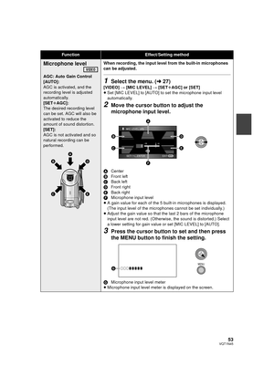 Page 5353VQT1N45
Microphone level
AGC: Auto Gain Control
[AUTO]:
AGC is activated, and the 
recording level is adjusted 
automatically.
[SETrAGC]:
The desired recording level 
can be set. AGC will also be 
activated to reduce the 
amount of sound distortion.
[SET]:
AGC is not activated and so 
natural recording can be 
performed.When recording, the input level from the built-in microphones 
can be adjusted.1Select the menu. (l27)
[VIDEO] # [MIC LEVEL] # [SETrAGC] or [SET]
≥Set [MIC LEVEL] to [AUTO] to set the...