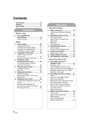 Page 88VQT1N45
Accessories ........................................ 10
Features .............................................. 11
Quick Guide ........................................ 12
Preparation
Before using
[1]Parts identification 
and handling ..................................  16
Remote control ................................  19
Setup
[1]Power supply .................................  20
Charging the battery ........................  20
Inserting/removing the battery .........  21
Charging and...