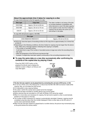 Page 8989VQT1N45
∫To copy the same data on a new disc successively after confirming the 
contents of the copied disc by playing it back
≥The disc that was copied to can be played back by connecting this unit and a DVD burner. (l90)≥Do not turn off this unit or the DVD burner or disconnect the Mini AB USB Connection Cable while 
copying. Also, do not shake the DVD burner.
≥It is impossible to stop copying halfway.
≥The order in which the scenes were copied cannot be changed.
≥Data that has been recorded on...