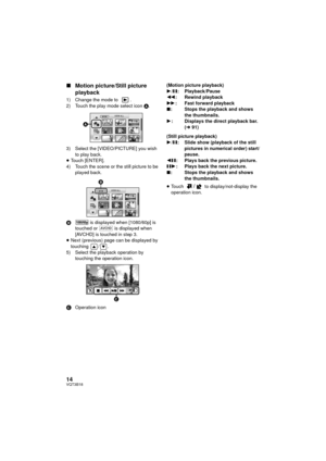 Page 1414VQT3B18
∫Motion picture/Still picture 
playback
1) Change the mode to  .
2) Touch the play mode select icon  A.
3) Select the [VIDEO/PICTURE] you wish  to play back.
≥ Touch [ENTER].
4) Touch the scene or the still picture to be  played back.
B  is displayed when [1080/60p] is 
touched or   is displayed when 
[AVCHD] is touched in step 3.
≥ Next (previous) page can be displayed by 
touching / .
5) Select the playback operation by  touching the operation icon.
COperation icon (Motion picture playback)...