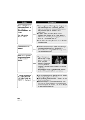 Page 146146VQT3B18
Color or brightness of 
the image changes, or 
you may see 
horizontal bars in the 
image.
The LCD monitor 
flickers indoors.≥
Color or brightness of the image may change, or you 
may see horizontal bars in the image when the 
object is recorded under fluorescent light, mercury 
light or sodium light, etc., but this is not a 
malfunction.
≥ In Motion Picture Recording Mode, record in 
Intelligent Auto Mode or set the shutter speed to 
1/60 in areas where the power supply frequency is 
60 Hz,...