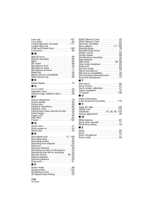 Page 174174VQT3B18
Lens cap  . . . . . . . . . . . . . . . . . . . . . . 167Lens hood  . . . . . . . . . . . . . . . . . . . . . . 30Limited Warranty (Canada)   . . . . . . . . 171Limited Warranty 
(USA and Puerto Rico)   . . . . . . . . . . . 169Luminance   . . . . . . . . . . . . . . . . . . . . . 80
∫M
Manual focus  . . . . . . . . . . . . . . . . . . . . 89Manual recording  . . . . . . . . . . . . . . . . . 86Menu   . . . . . . . . . . . . . . . . . . . . . . . . . 40MF assist   . . . . . . . . . . . . . . ....