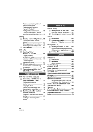 Page 1010VQT3B18
Playing back motion pictures/
still pictures by date ..................... 94
Face Highlight Playback/
Highlight Playback/
Intelligent Scene Selection........... 95
Changing the playback settings 
and playing back the slide show ...  98
Editing
[1]Deleting scenes/still pictures ... 99
Dividing a scene to partially 
delete ......................................... 101
Deleting personal information .... 102
Protecting scenes/still pictures ...  102[2]DPOF setting ............................ 103...