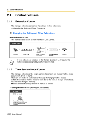 Page 1022.1 Control Features
102 User Manual
2.1 Control Features
2.1.1 Extension Control
The manager extension can control the settings of other extensions.
— Changing the Settings of Other Extensions
 Changing the Settings of Other Extensions
Remote Extension Lock
This feature is also known as Remote Station Lock Control.
2.1.2 Time Service Mode Control
The manager extension or the preprogrammed extension can change the time mode 
(Day, Lunch, Break or Night).
There are two methods (Automatic or Manual) of...