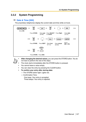 Page 1273.3 System Programming
User Manual 127
3.3.2 System Programming
 Date & Time [000]
The proprietary telephones display the current date and time while on-hook.
After changing the desired values, you can press the STORE button. You do 
not have to perform the rest of the steps.
The clock starts immediately after the STORE button is pressed.
You cannot leave a value empty.
You can clear the entry by pressing the CLEAR button.
To confirm your entry after storing data:
— The STORE button light: Lights...